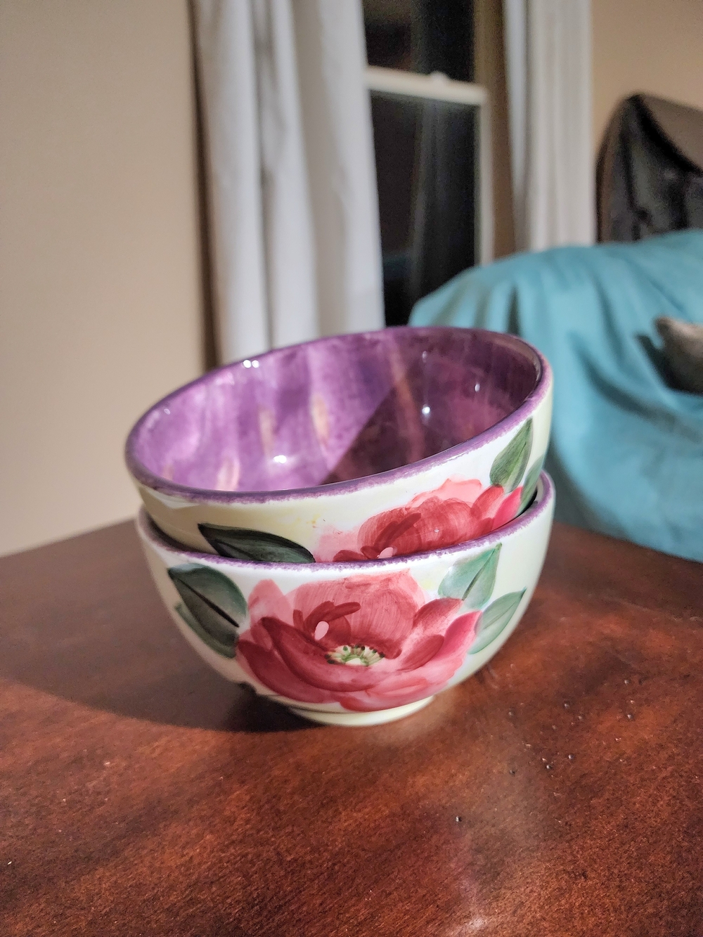 Pfaltzgraff Hand-Painted Floral Ceramic Bowls (Purple Interior, Red Flower) 2ct.